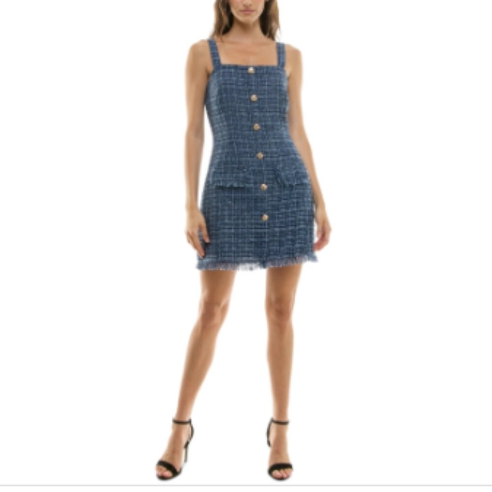 Trixxi Juniors' Straight-Neck Sleeveless Fringe-Trim Tweed Dress - Navy